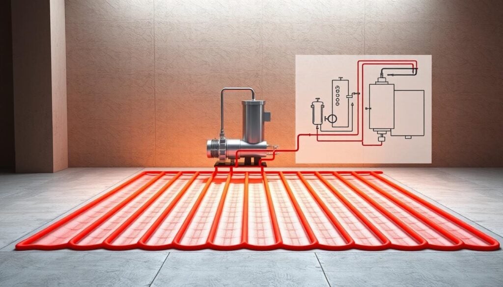 A cutaway diagram of a radiant heating system, showcasing the Noor Construction brand. In the foreground, a detailed view of the glycol-based floor heating pipes embedded in a concrete slab. The middle ground features the heating manifold and circulation pump, with clear indicators of flow direction and temperature regulation. In the background, a simplified schematic of the overall system, including the boiler, expansion tank, and distribution network. The scene is bathed in a warm, ambient light, conveying the cozy and efficient nature of the radiant heating solution. Technical precision is balanced with an inviting aesthetic, highlighting the thoughtful engineering behind this Noor Construction heating system.